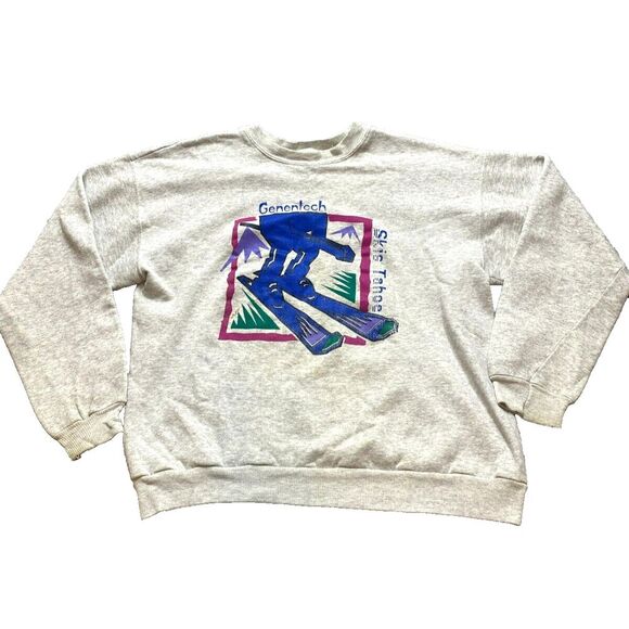 VTG Genetech Skis Tahoe Sweatshirt Adult Large Heather GrayFleece USA 80s Mens